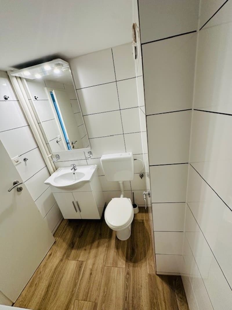 white tiles, wooden floor, white sink, white toilet, mirror, white cabinet