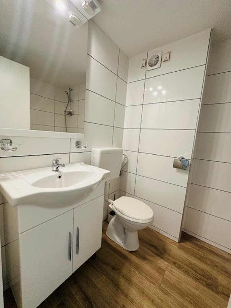 Bathroom with white tiles, wooden floor, white sink, white toilet, mirror, and shower