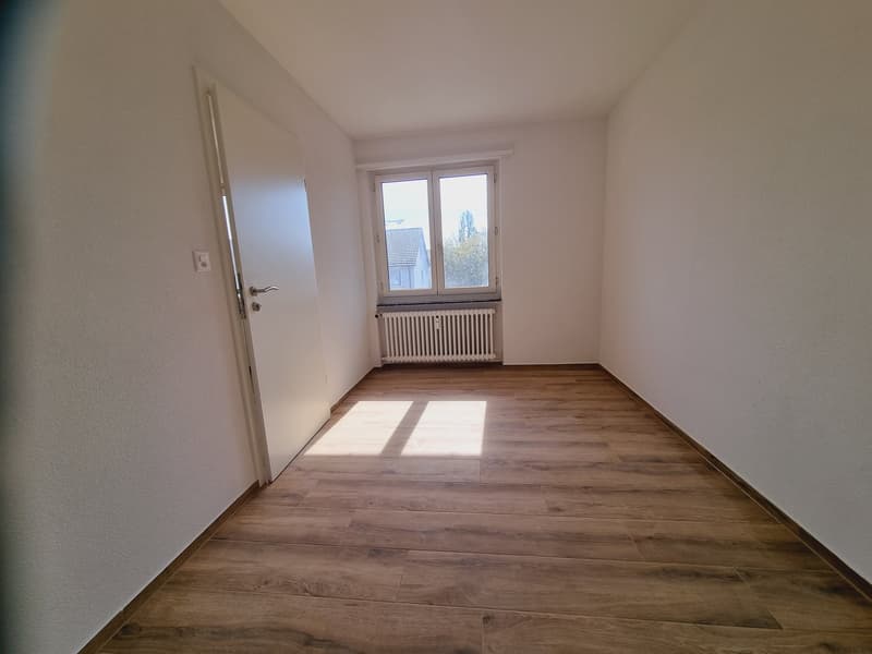 empty room, white walls, wooden floor, window with white radiator, door