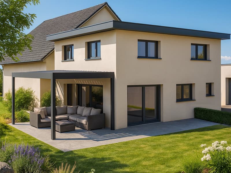 Two story house with beige walls, grey roof, covered outdoor seating area with a sofa, sliding glass doors