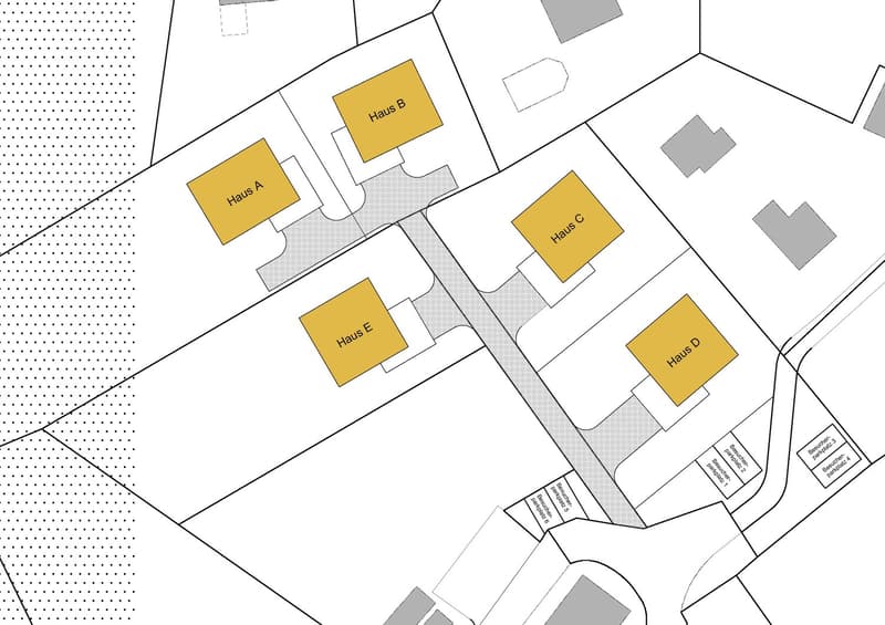 Multiple houses labeled Haus A to Haus E, parking places are indicated