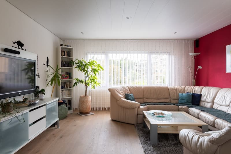 Spacious living room with large windows, beige leather sofa, coffee table, TV stand, bookshelf, and potted plant. The room has a cozy and modern feel with a touch of nature.