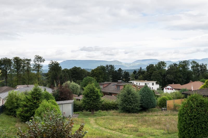 The image shows a scenic rural landscape with a view of rolling hills and mountains in the distance. The foreground features a grassy field with various trees and shrubs, and the background shows a residential area with houses and buildings surrounded by