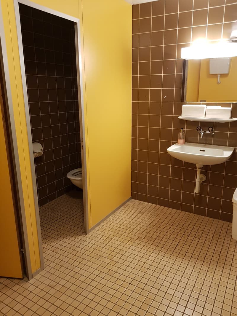 Bathroom with yellow walls, brown tile flooring, toilet, and a sink with a shelf above it.