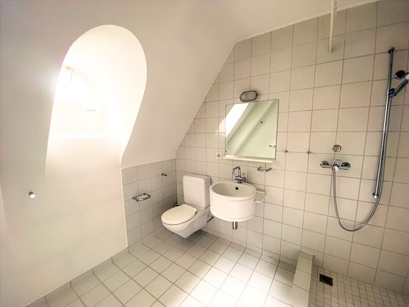 white tiled walls, white toilet, white sink, shower head, mirror, arched window