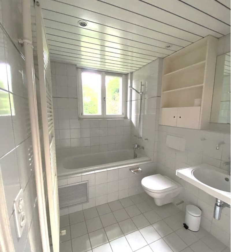 white tiled walls, bathtub, toilet, sink, shower head, shelves, mirror