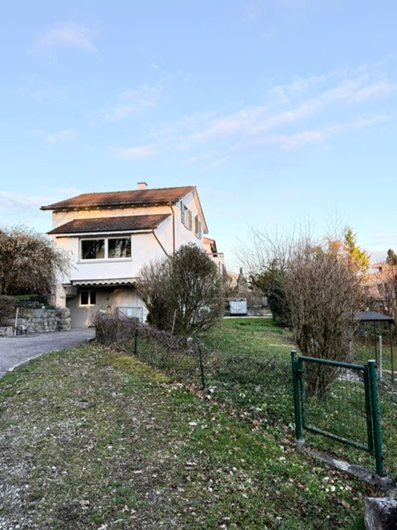 Detached house, white exterior, brick driveway, large garden with green gate, bare trees and shrubs, potential for landscaping
