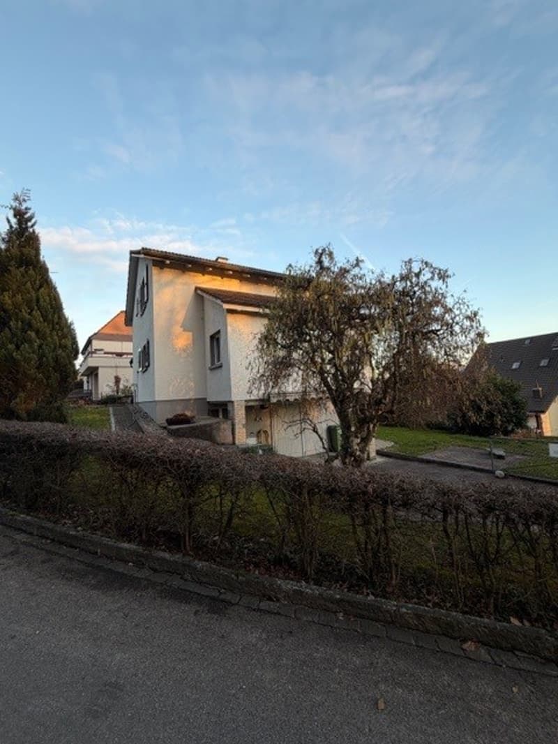Two-story house, concrete block, white exterior, raised ground floor, small garden, trees in the background