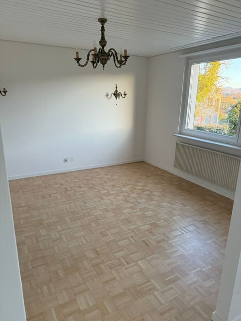 empty room, wooden parquet floor, chandelier, white walls, window, radiator