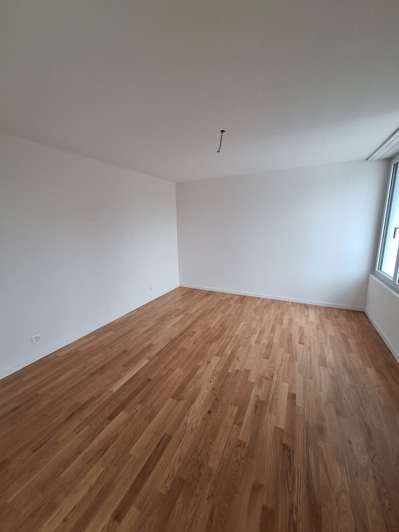 empty room, wooden floor, white walls, large window, power outlet