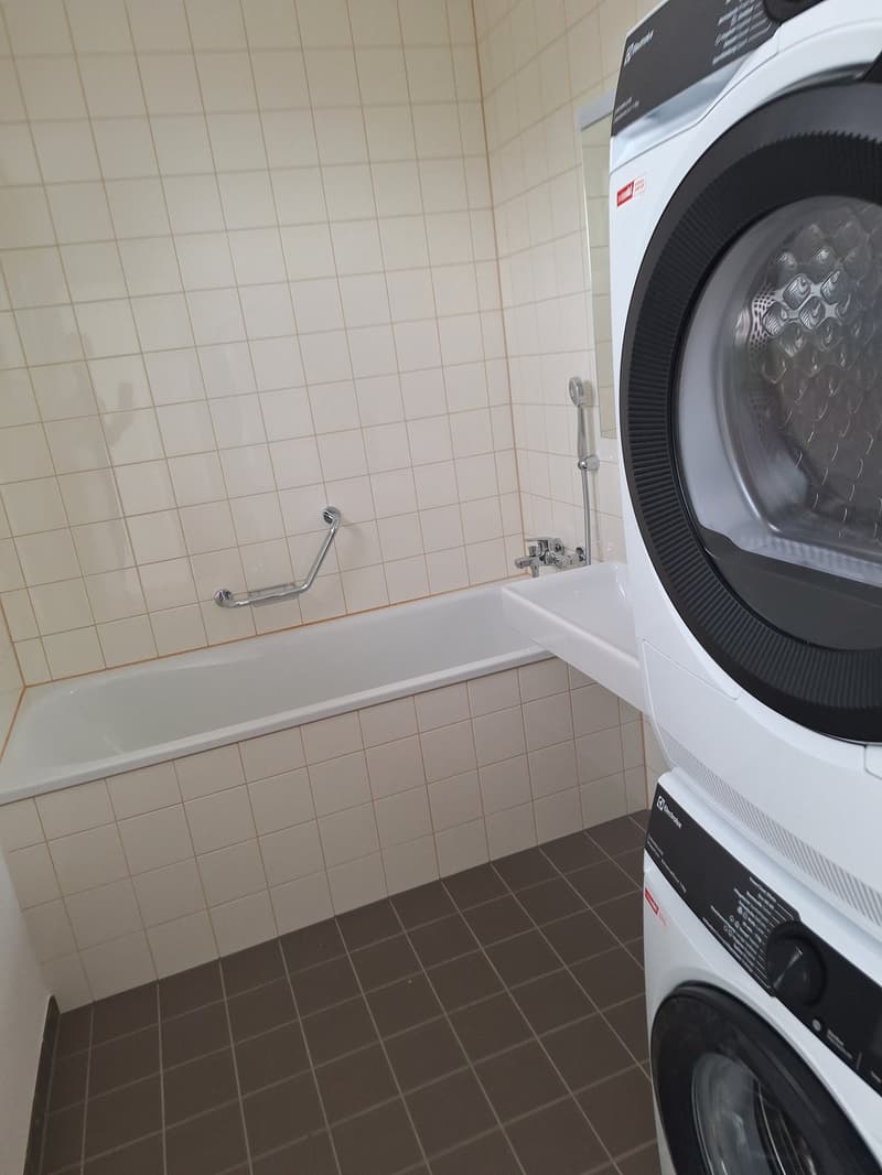 Tiled walls, white bathtub, sink, washing machine and shower handle
