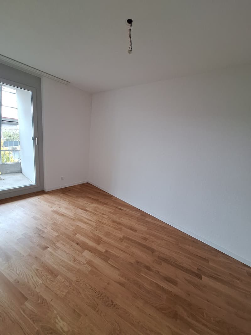 empty room, wooden floor, white walls, sliding glass door, balcony