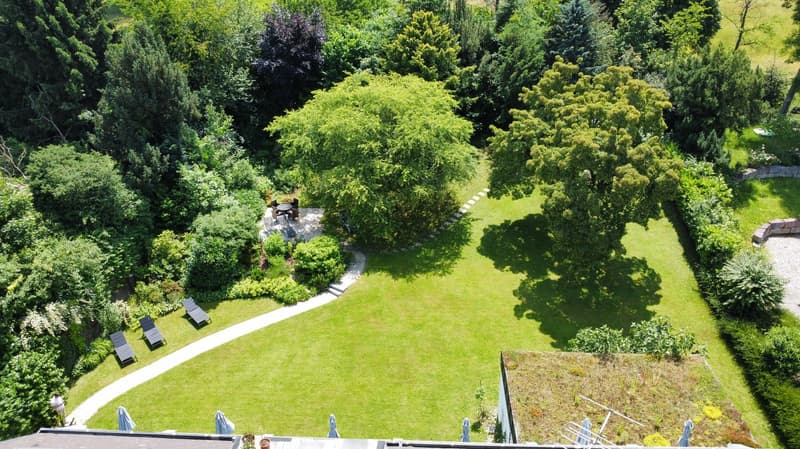 Lush, green garden with a well-manicured lawn, surrounded by a variety of trees and shrubs. There is a paved walkway leading through the garden, and several outdoor seating areas with umbrellas. The scene appears to be a tranquil and serene outdoor space.