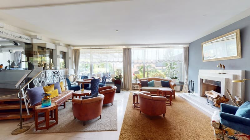 Spacious living room with large windows, hardwood floors, plush seating including leather armchairs and a sofa, a fireplace, and various decorative elements such as plants and artwork.