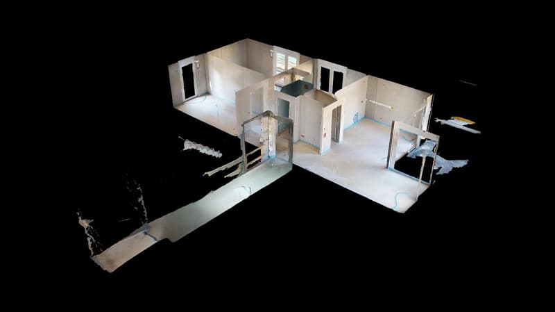 Open layout, main entrance, living area, kitchen area, bathroom, unfinished interior, some doors and windows open, some walls not completed, two floors