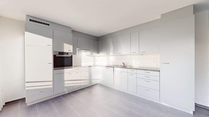 modern white kitchen, stainless steel appliances, granite countertops, under cabinet lighting, ample cabinet space
