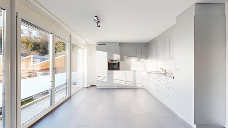 modern kitchen, all white, light tiles, oven, sink, faucet, sliding glass doors to balcony