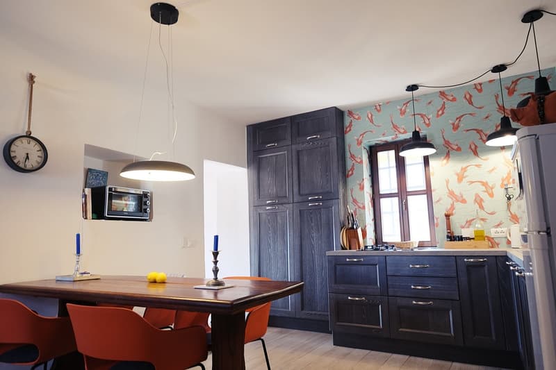 modern kitchen, wooden table, chairs, built-in cabinets, microwave, fridge, kitchen appliances