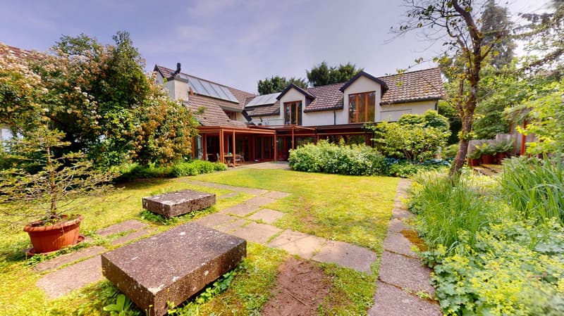 large grassy area, trees, garden beds, stone steps, outdoor seating, plants, potted plant