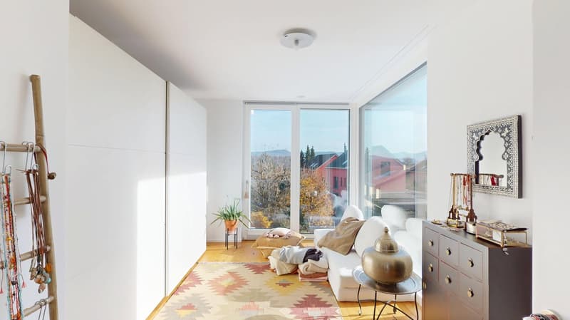 Minimalistic white interior, glass sliding doors, patterned rug, large windows with view, white sofa, decorative side table, potted plant, mirror with frame