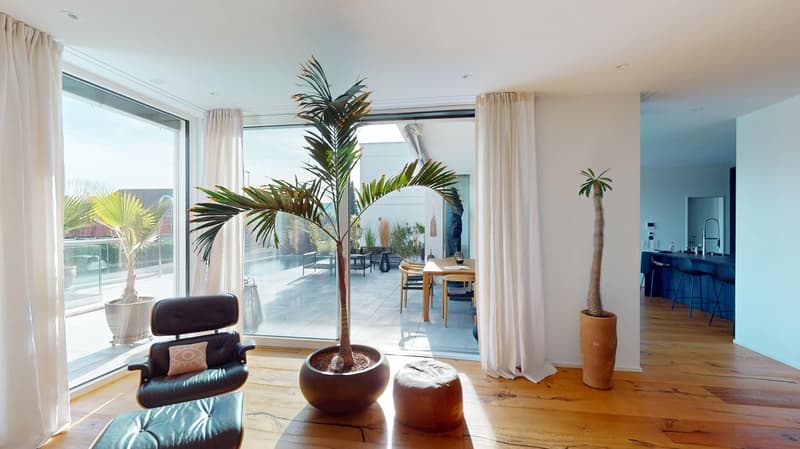 Balcony, terrace, view, furniture, potted plants, wooden floor, curtains, table, chairs