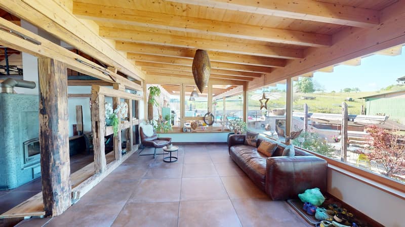 wooden ceiling, leather couch, round table, armchair, fireplace, windows, plants