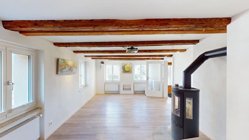 Long hallway, wooden beam ceiling, wood floor, large windows, fireplace, modern radiator