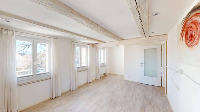 empty room with white walls, wooden floor, white curtains, white door, large windows, wooden beams on ceiling