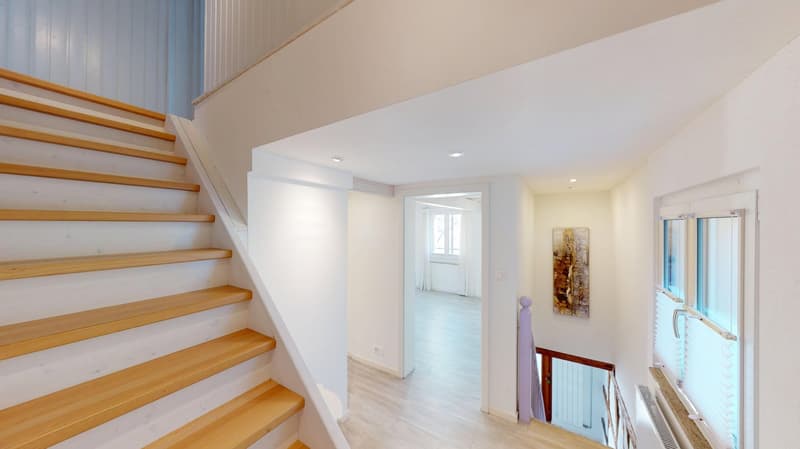 Wooden stairs, white walls, wooden floor, white door, glass window