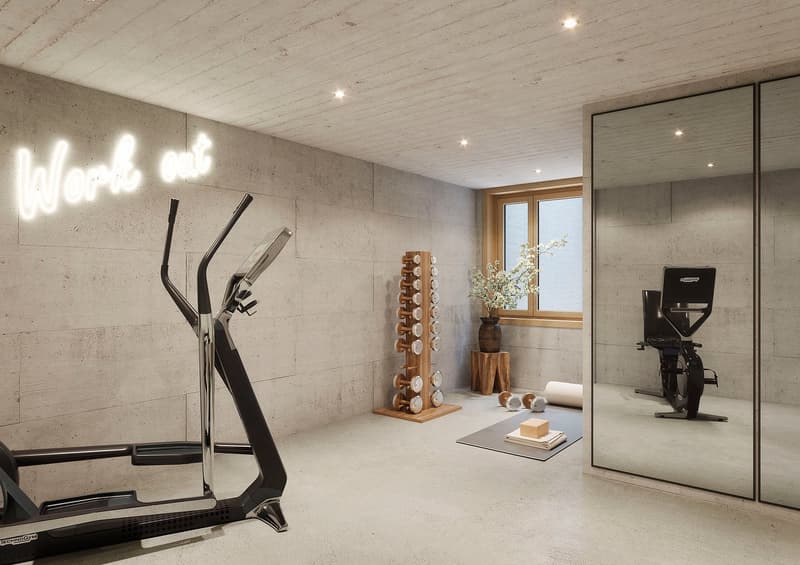 workout room with workout equipment, yoga mat, dumbbells, and flower vase