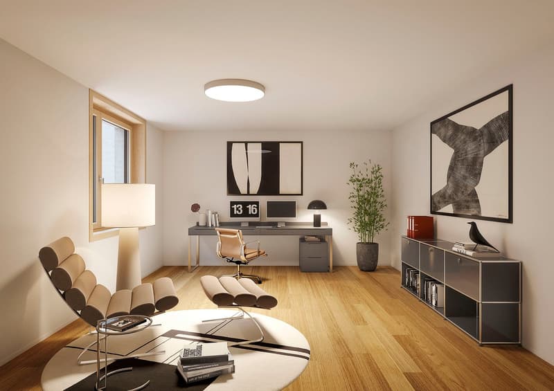 wooden floor, modern design, large window, white walls, desk, chair, desk lamp, monitor, storage cabinet, bookshelf, plant, art frame