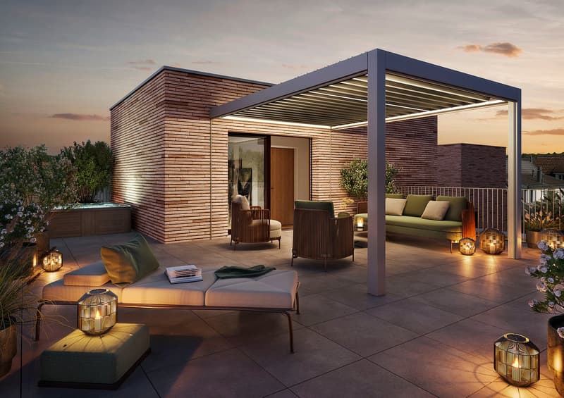 open balcony area with pergola, sitting area with furniture, hot tub, multiple lanterns, outdoor plants