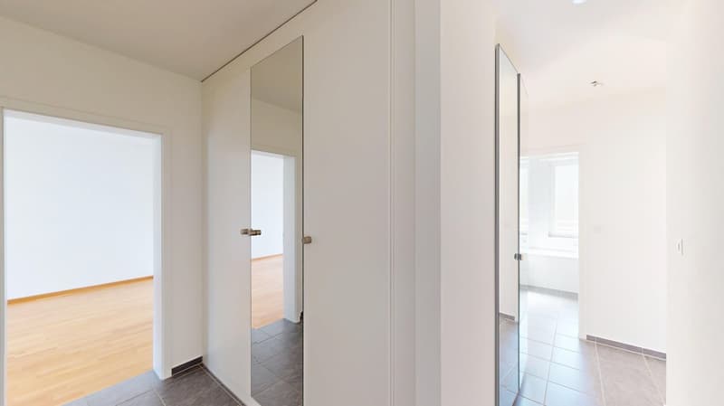 Empty room with white walls, wooden floor, and two mirrors