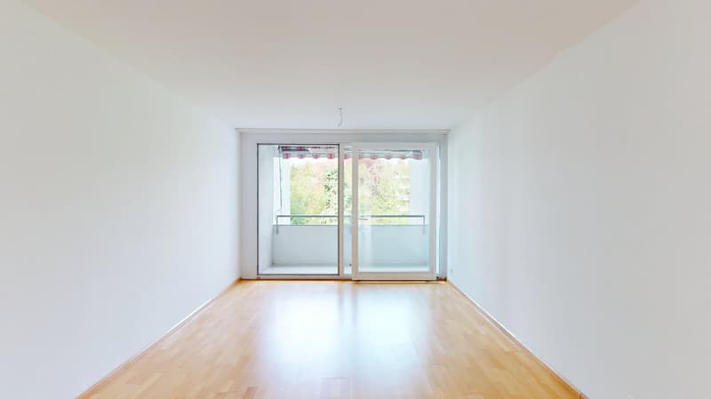 empty room, white walls, wooden floor, sliding glass door, balcony