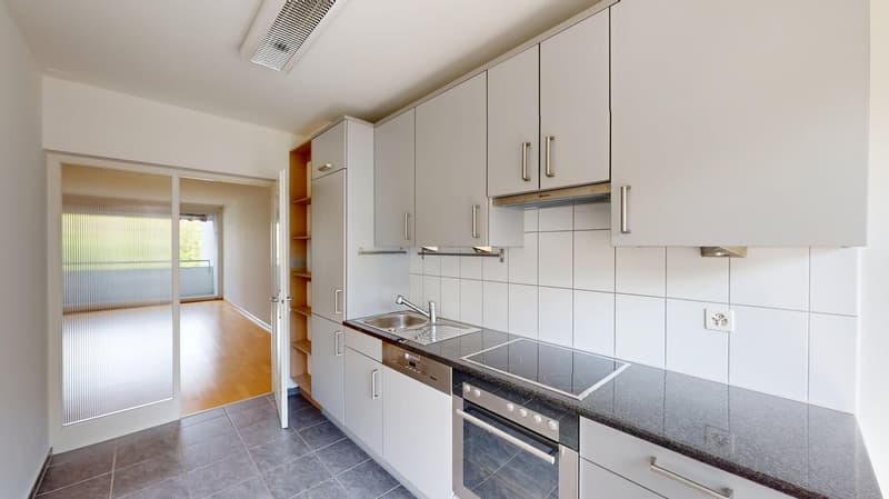 modern kitchen with white cabinets, granite countertop, stainless steel sink, dishwasher, electric stove, and a glass door leading to another room