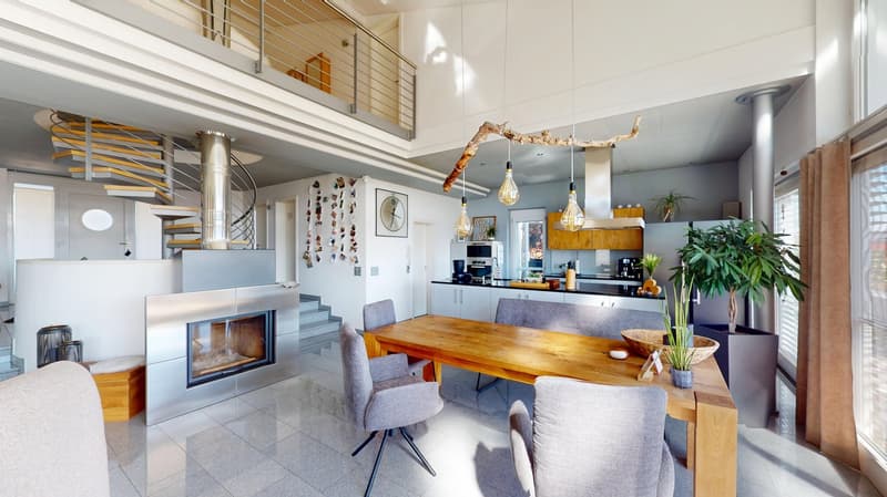 open plan living room and kitchen, dining table, chairs, fireplace, spiral staircase, modern design