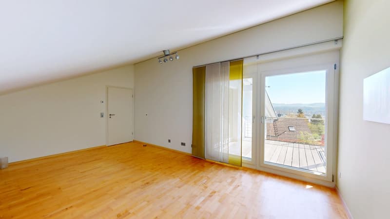 empty room, wooden floor, white walls, sliding glass door, balcony, view of the mountains