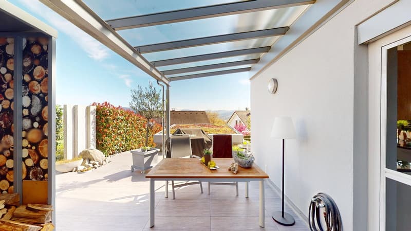 covered terrace with table and chairs, plants, lamp, logs, view of the garden