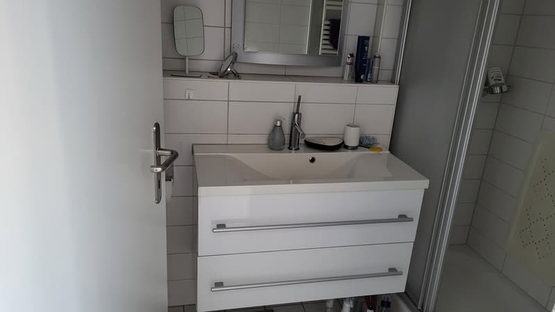 Bathroom with white tiles, white vanity, mirror, shower, sink, faucet, soap dispenser, toilet paper holder, shower gel, shampoo, conditioner, and other toiletries
