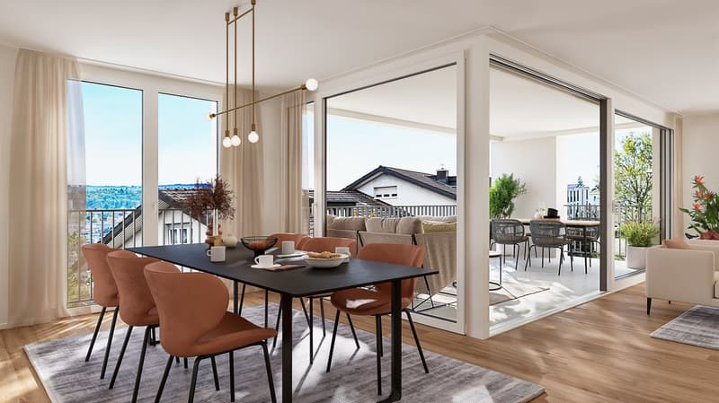 Spacious open-plan living and dining area with large windows offering a scenic view, hardwood floors, modern dining table and chairs, comfortable sofa, and a balcony or terrace accessible through the sliding glass doors.