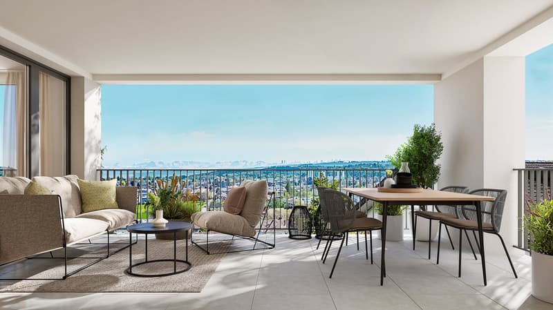 Spacious open-plan living and dining area with large windows and a balcony offering a scenic view of the city skyline. The living room features comfortable sofas and armchairs, while the dining area has a wooden table and chairs. The space is decorated wi
