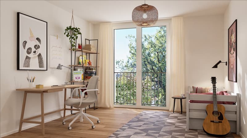 Bright and airy home office with large windows overlooking a balcony or terrace. The room features a wooden desk, a comfortable office chair, shelving units, and various decor elements like artwork and a guitar. The space has a modern and cozy feel.