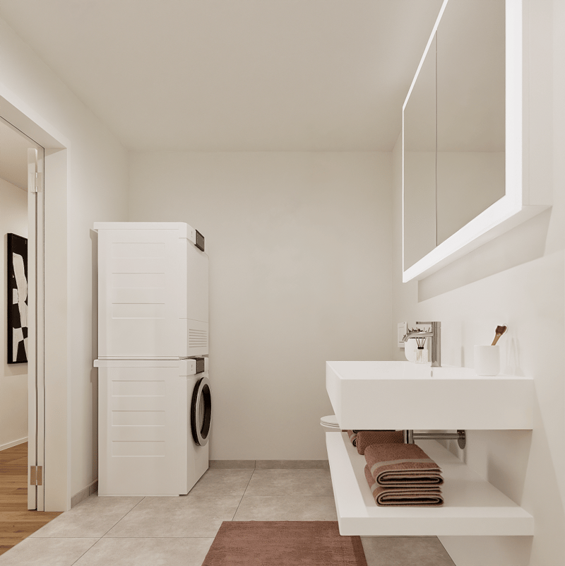 modern, white washing machine, white sink, white wall, wooden floor, storage, mirror