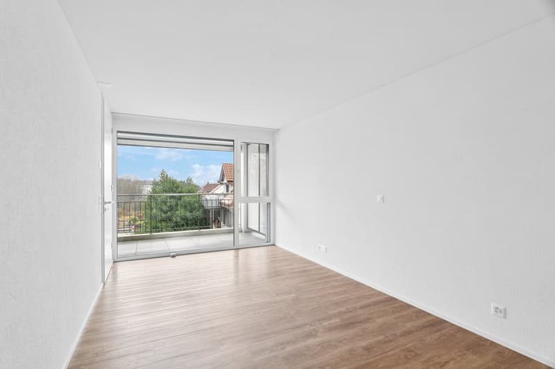 empty room, white walls, wooden floor, sliding glass doors, balcony
