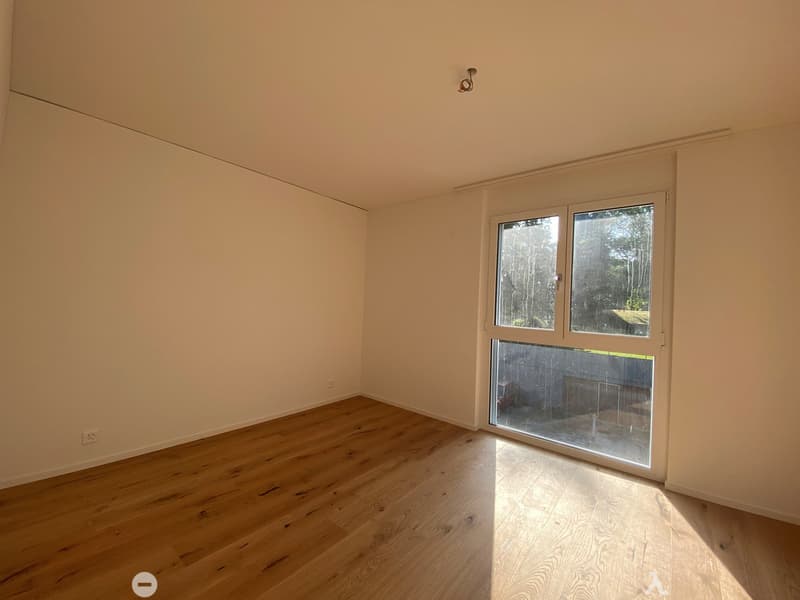 empty room, wooden floor, white walls, large glass window, ceiling light
