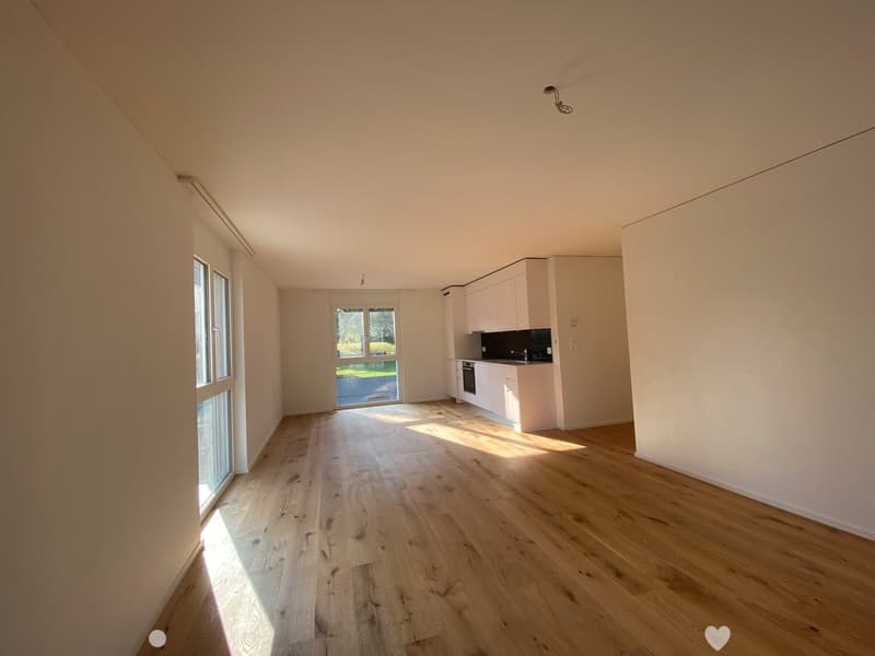 Empty room, wooden floor, white walls, windows, open to the kitchen