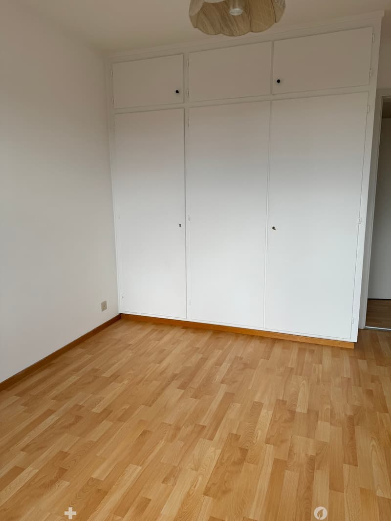 An empty room with white walls, wooden floor, and a large white wardrobe against the wall.