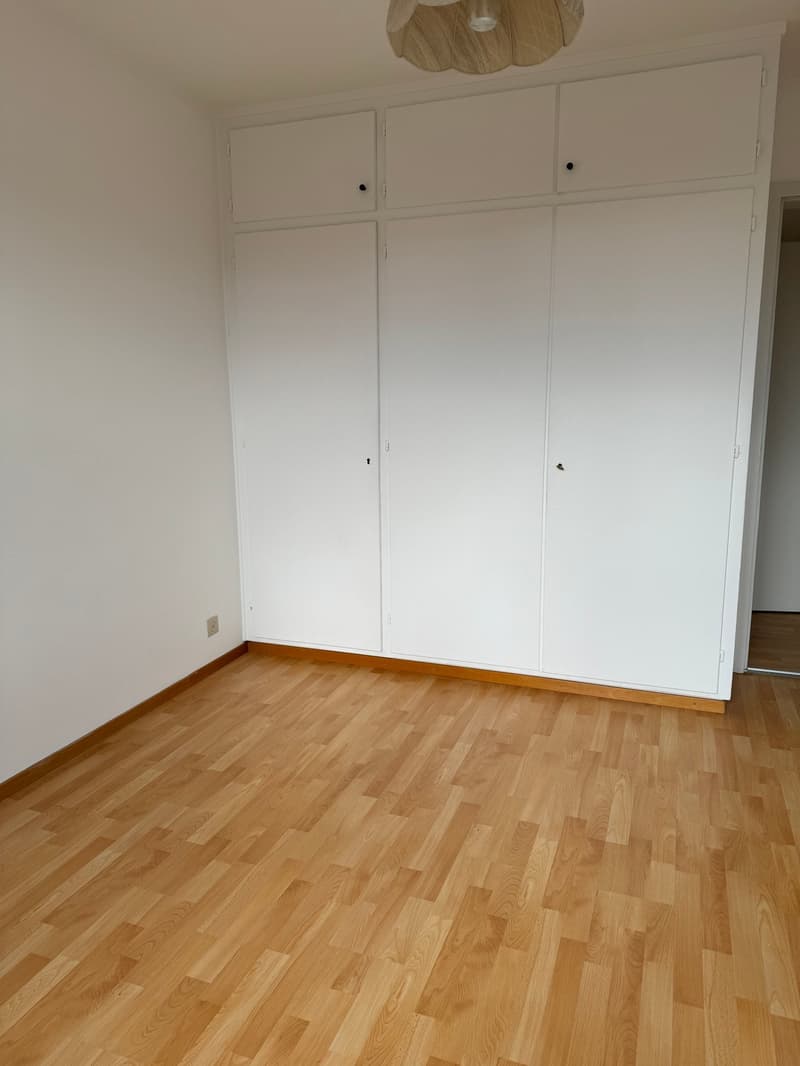 An empty room with white walls, wooden floor, and a large white wardrobe against the wall.