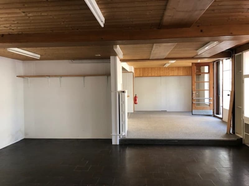 empty room with white walls, wooden ceiling, dark wood flooring, windows, doors, and fire extinguisher