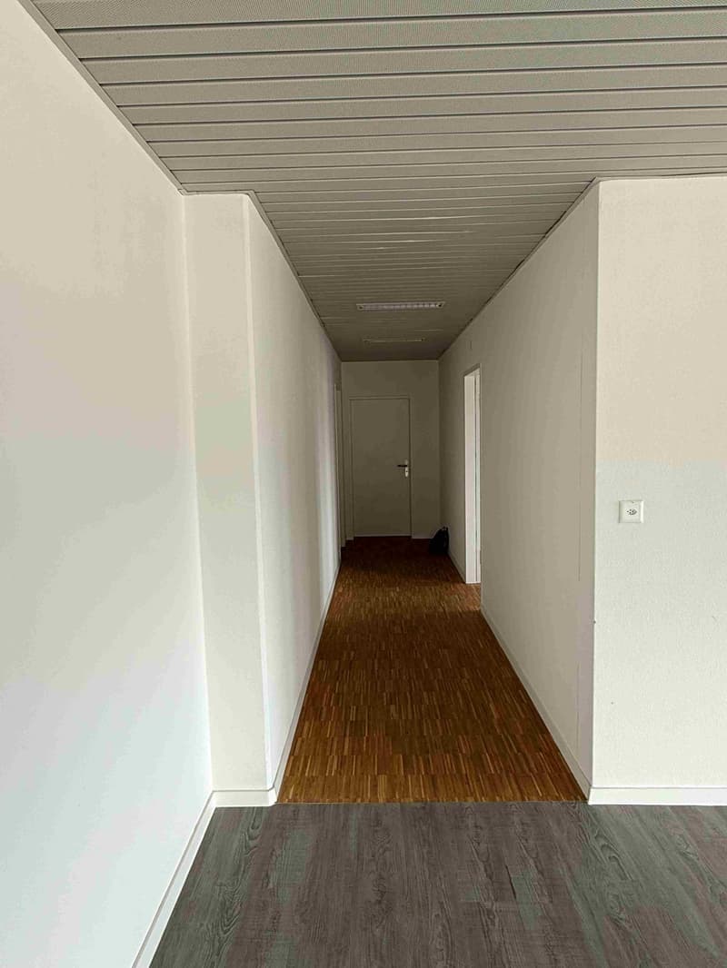 The image shows a long, narrow hallway with white walls and a gray paneled ceiling. The floor is covered with a dark wood-like laminate flooring. There is a single door visible at the end of the hallway.
